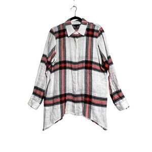 Worth New York Plaid Linen Asymmetrical Button Up Tunic Blouse Size Large